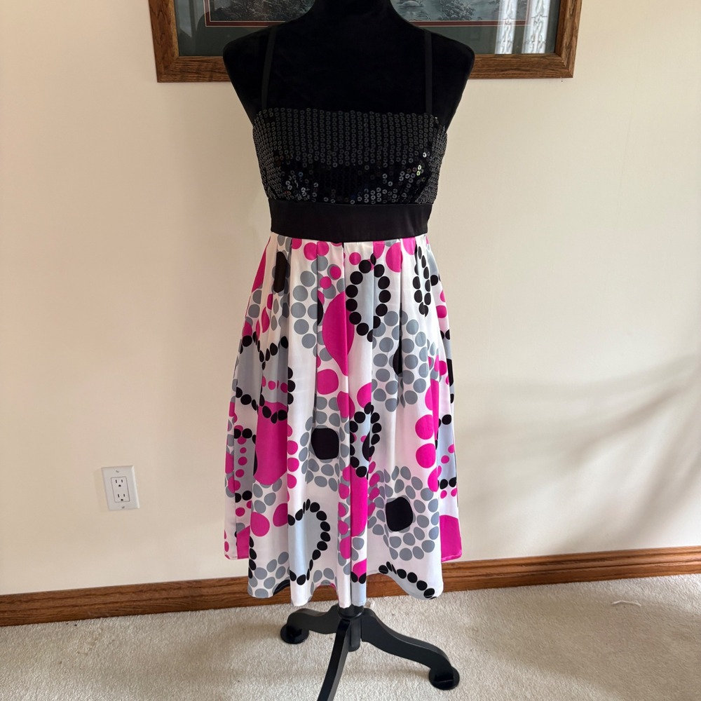 City Triangles Sequin Polka Dot Dress Womens 9/10 Pink Black Y2K Party Cocktail